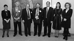 (L-R) Polyxeni Mastroperrou, Press Counselor, Permanent Mission of Greece to the U.N., Dimitris Dimas, Ted Galen Carpenter, Doug Bandow, AHI Executive Director Nick Larigakis, Kiriaki Sofianou, Consul General of Cyprus and Agi Balta, Consul General of Greece.